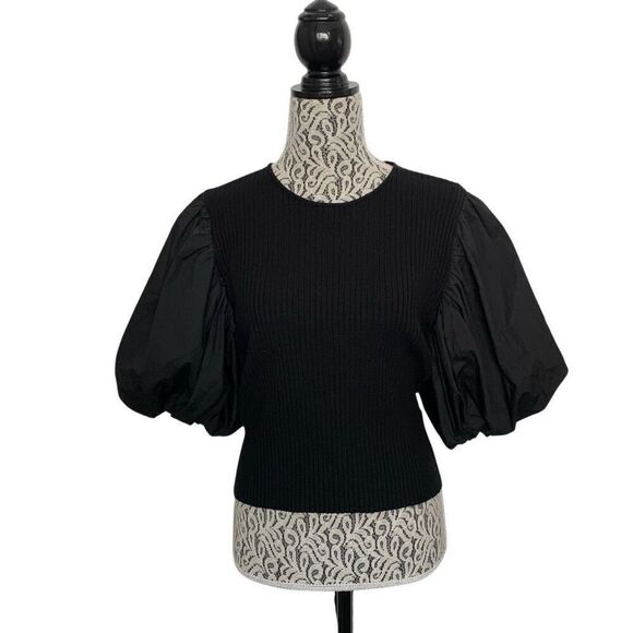 En Saison Maxime Puff Sleeve Ribbed Knit Backless Tied Blouse in Black Size M - Picture 4 of 12